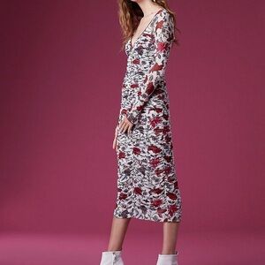 Diane Von Furstenberg Floral Mesh Ruched Long Sleeve Dress –‎ Size 6